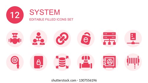 system icon set. Collection of 12 filled system icons included Pipe, Hierarchical structure, Link, Idrive, Server, Hose, Unlocked, Safe box, Circuit