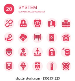 system icon set. Collection of 20 filled system icons included Link, Lock, Alarm, Water tank, Firewall, Chips, Cloud computing, Hose, Voice recognition, Secure, Cctv, Security