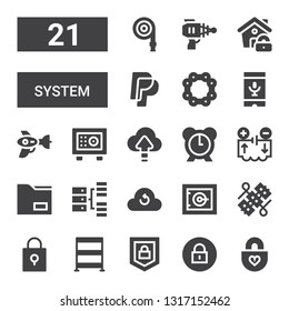 system icon set. Collection of 21 filled system icons included Padlock, Security, Rack, Wires, Safe, Cloud computing, Hosting, Data, Electrical circuit, Alarm, Safebox, Blaster