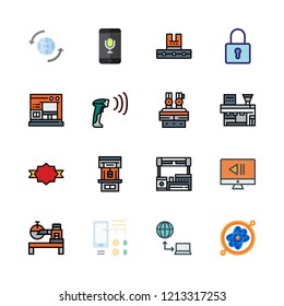 system icon set. vector set about industrial robot, barcode scanner, voice recognition and quality icons set.