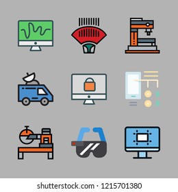 system icon set. vector set about industrial robot, technological, ar glasses and monitor icons set.