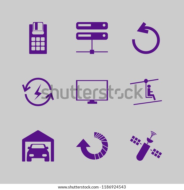 system icon. system vector\
icons set monitor, renewable energy, private garage and man on\
cable car