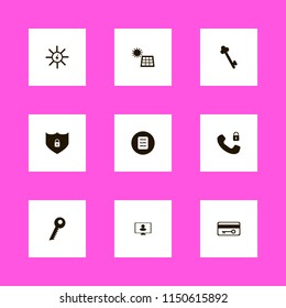 system icons. person monitor, security telephone, key card and solar panel vector icons set