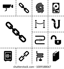 System icons. set of 13 editable filled system icons such as safe, pipe, chain, heating system, finger print, hard disc, security camera, red carpet barrier, cpu