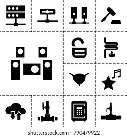 System icons. set of 13 editable filled system icons such as water pipe, bladder, safe, favorite music, server, camera, auction, opened lock