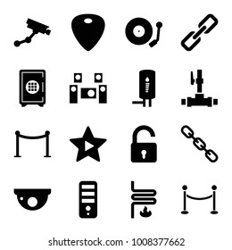 System icons. set of 16 editable filled system icons such as opened lock, security camera, red carpet barrier, cpu, guitar mediator, favorite music, gramophone, geyser, safe