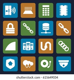 System icons set. set of 16 system filled icons such as security camera, pipe, lock, chain, gramophone, angle, cpu, heating system in car, home security, intercom