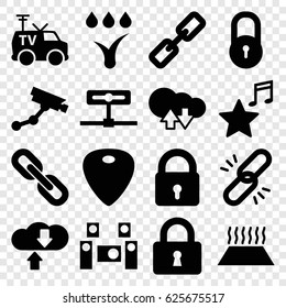 System icons set. set of 16 system filled icons such as lock, Security camera, TV van, guitar mediator, favorite music, chain, cloud download upload, download cloud