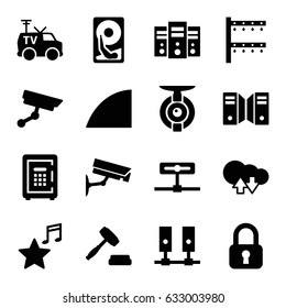 System icons set. set of 16 system filled icons such as irrigation system, safe, TV van, favorite music, angle, auction, security camera, spy camera, hard disc, server