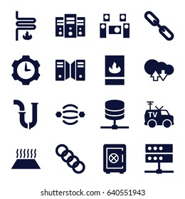 System icons set. set of 16 system filled icons such as safe, pipe, chain, tv van, fire protection, server, gear clock, cloud download upload