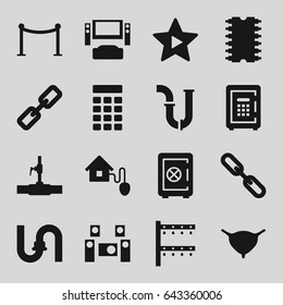 System icons set. set of 16 system filled icons such as safe, red carpet barrier, pipe, water pipe, bladder, safe, chain, favorite music, smart home, cpu