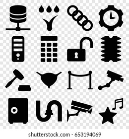 System icons set. set of 16 system filled icons such as security camera, red carpet barrier, pipe, cpu, bladder, opened lock, favorite music, auction, cpu, watering system