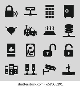 System icons set. set of 16 system filled icons such as opened lock, water pipe, bladder, tv van, fire protection, heating system in car, intercom, lock, security camera