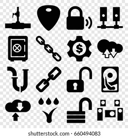 System icons set. set of 16 system filled icons such as safe, opened lock, pipe, water pipe, chain, guitar mediator, lock, hard disc, dollar gear, cloud download upload