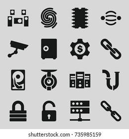 System icons set. set of 16 system filled icons such as opened lock, lock, pipe, chain, cpu, audio system, finger print, security camera, spy camera, hard disc, dollar gear