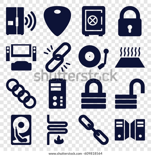 System icons set. set of 16 system filled icons such\
as lock, Safe, opened lock, chain, guitar mediator, gramophone,\
intercom, hard disc