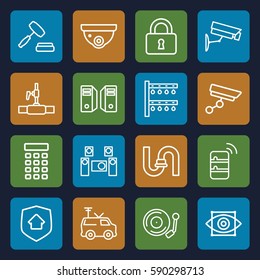 system icons set. Set of 16 system outline icons such as security camera, pipe, water pipe, lock, TV van, gramophone, auction, home security, intercom, server