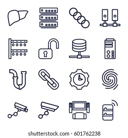 system icons set. Set of 16 system outline icons such as Security camera, pipe, liver, finger print, security camera, server, chain, gear clock
