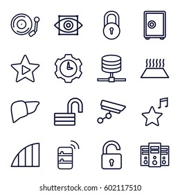 system icons set. Set of 16 system outline icons such as lock, opened lock, liver, favorite music, gramophone, angle, heating system in car, security camera, server, eye scan
