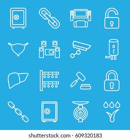 System icons set. set of 16 system outline icons such as opened lock, Safe, liver, bladder, chain, auction, geyser, security camera, spy camera, safe