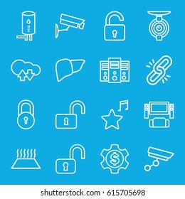 System icons set. set of 16 system outline icons such as lock, opened lock, liver, favorite music, geyser, security camera, spy camera, dollar gear, cloud download upload