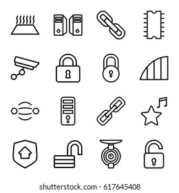 System icons set. set of 16 system outline icons such as lock, opened lock, CPU, favorite music, angle, cpu, heating system in car, home security, security camera, spy camera