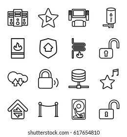 System icons set. set of 16 system outline icons such as Red carpet barrier, opened lock, favorite music, home connection, fire protection, geyser, home security, lock