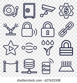 System icons set. set of 16 system outline icons such as Red carpet barrier, lock, favorite music, gramophone, security camera, server, chain, dollar gear, atom interaction