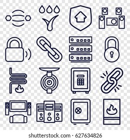 System icons set. set of 16 system outline icons such as lock, Safe, safe, fire protection, home security, spy camera, chain, atom interaction