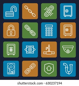 System icons set. set of 16 system outline icons such as safe, security camera, opened lock, pipe, water pipe, chain, safe, home security, intercom, eye scan, hard disc