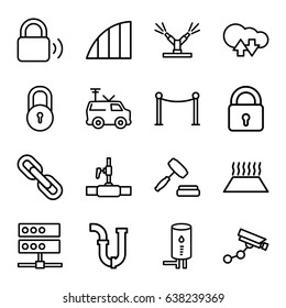 System icons set. set of 16 system outline icons such as lock, security camera, red carpet barrier, pipe, water pipe, tv van, angle, auction, geyser, chain