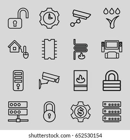 System icons set. set of 16 system outline icons such as lock, cpu, smart home, cpu, fire protection, security camera, gear clock, dollar gear, open lock