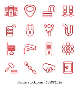 System icons set. set of 16 system outline icons such as lock, safe, cpu, opened lock, pipe, chain, guitar mediator, auction, server, security camera, dollar gear