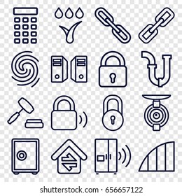System icons set. set of 16 system outline icons such as lock, pipe, chain, angle, home connection, auction, watering system, finger print, intercom, spy camera, server