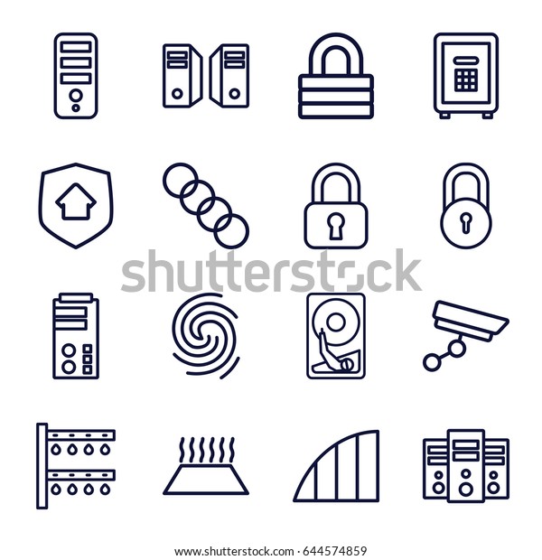 System icons set. set of 16 system outline icons\
such as lock, cpu, safe, angle, home security, finger print,\
security camera, chain, hard\
disc