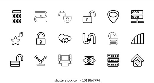 System icons. set of 18 editable outline system icons: opened lock, pipe, cloud download upload, guitar mediator, favorite music, server, angle, home connection, intercom