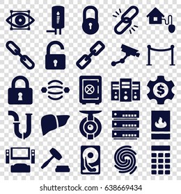 System icons set. set of 25 system filled icons such as lock, opened lock, safe, security camera, red carpet barrier, pipe, liver, chain, auction, smart home, fire protection