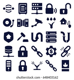 System icons set. set of 25 system filled icons such as security camera, pipe, cpu, chain, lock, safe, gramophone, auction, smart home, watering system, fire protection