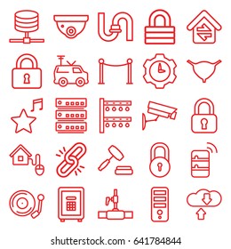 System icons set. set of 25 system outline icons such as lock, security camera, red carpet barrier, pipe, cpu, irrigation system, water pipe, bladder, safe, tv van