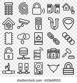 System icons set. set of 25 system outline icons such as opened lock, cpu, lock, pipe, water pipe, bladder, chain, guitar mediator, home connection, auction, smart home, cpu