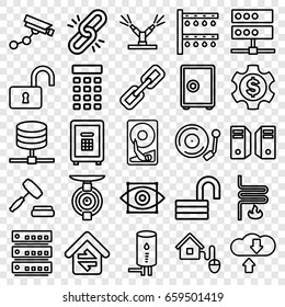 System icons set. set of 25 system outline icons such as security camera, opened lock, safe, gramophone, home connection, auction, smart home, geyser, intercom, eye scan