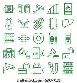 System icons set. set of 25 system outline icons such as lock, security camera, cpu, opened lock, pipe, liver, angle, auction, smart home, cpu, fire protection, home security
