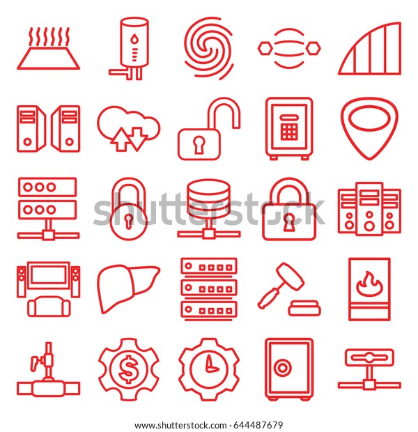 System icons set. set of 25\
system outline icons such as lock, water pipe, liver, safe, guitar\
mediator, angle, auction, fire protection, geyser, finger print,\
server