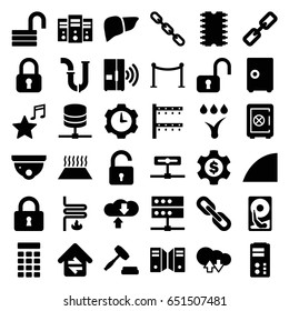System icons set. set of 36 system filled icons such as opened lock, safe, security camera, red carpet barrier, pipe, liver, chain, lock, favorite music, angle