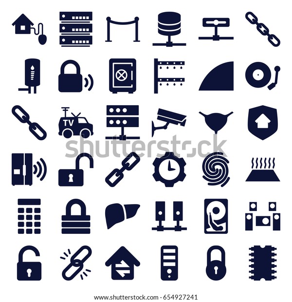 System icons set. set\
of 36 system filled icons such as lock, opened lock, safe, red\
carpet barrier, cpu, liver, bladder, chain, tv van, gramophone,\
angle, home connection