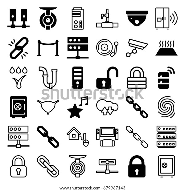 System icons set. set of\
36 system filled and outline icons such as lock, safe, security\
camera, red carpet barrier, cpu, chain, favorite music, server, spy\
camera, pipe