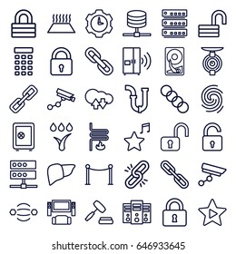 System icons set. set of 36 system outline icons such as lock, opened lock, safe, security camera, red carpet barrier, pipe, liver, chain, favorite music, auction
