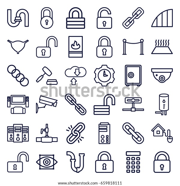System icons\
set. set of 36 system outline icons such as lock, opened lock,\
security camera, red carpet barrier, pipe, water pipe, bladder,\
chain, angle, auction, smart\
home