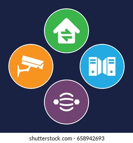 System icons set. set of 4 system filled icons such as home connection, security camera, server