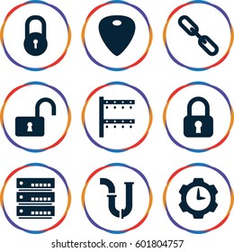system icons set. Set of 9 system filled icons such as lock, pipe, irrigation system, opened lock, chain, guitar mediator, gear clock